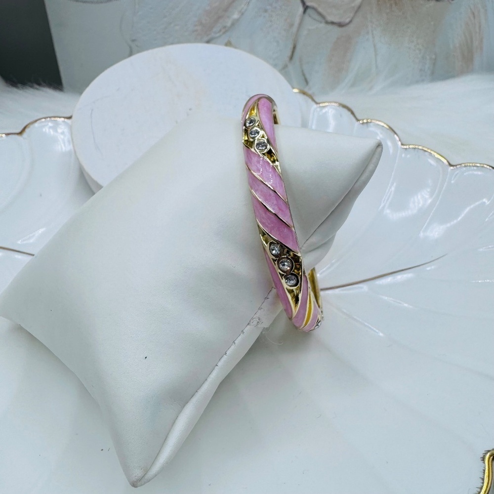 Pink Enamel Cloisonne Bracelet Bangle w/ Rhinestones - Picture 7 of 9